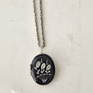 Vintage Eloxal Aluminum Silver & Black Stylized Flowers Locket Pendant Necklace